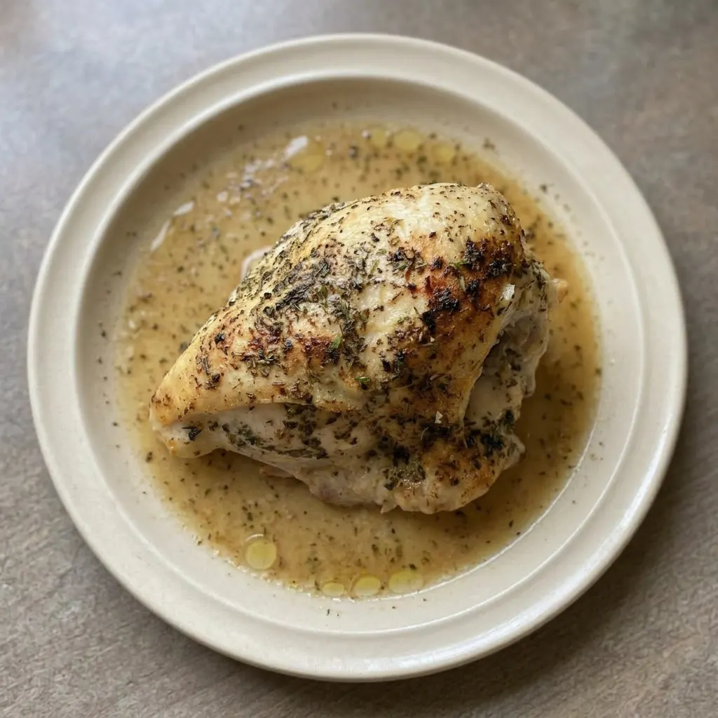 A plate of bone-in chicken breast with butter and Italian seasoning, garlic powder dusted on top, surrounded by chicken broth.