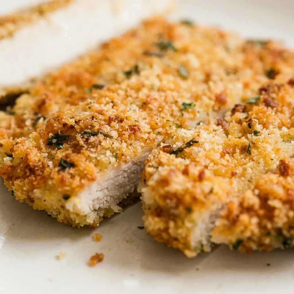 Up close, a chicken cutlet with crispy panko and parmesan coating, visible garlic powder specks and parsley.