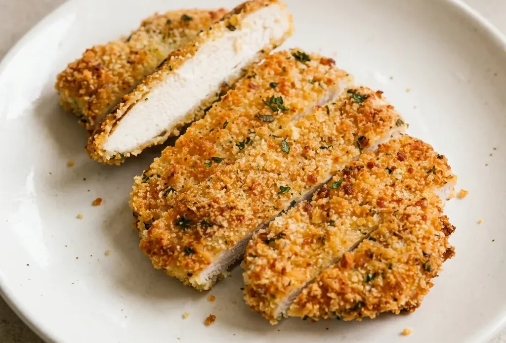 Looking down at three breaded chicken cutlets with golden panko and parmesan crust, garnished with parsley flakes.
