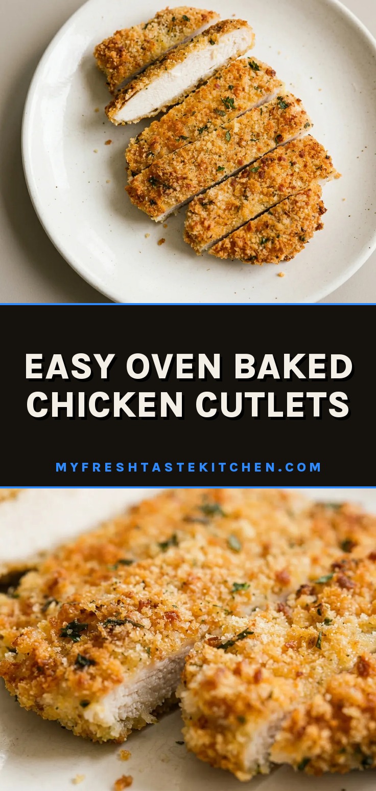 Looking down at three breaded chicken cutlets with golden panko and parmesan crust, garnished with parsley flakes.