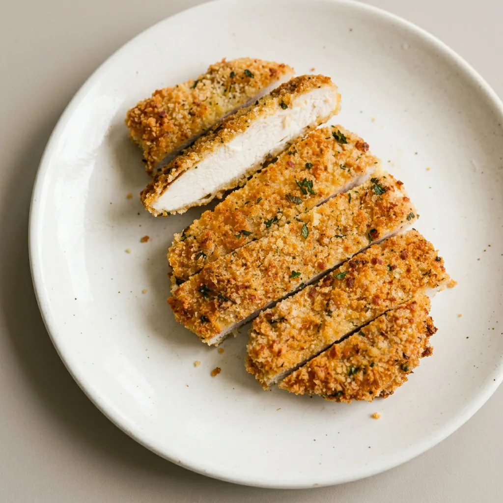 A plate of two breaded chicken cutlets topped with grated parmesan and dried parsley.