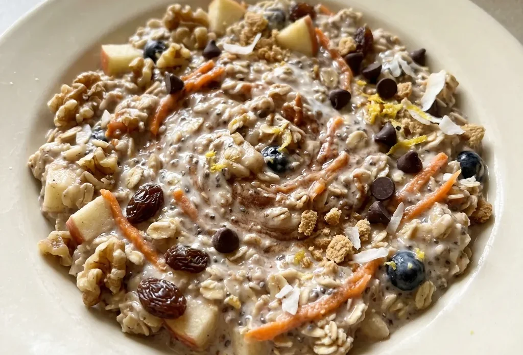 Looking down at a bowl of overnight oats topped with blueberries, sliced banana, and a drizzle of honey.