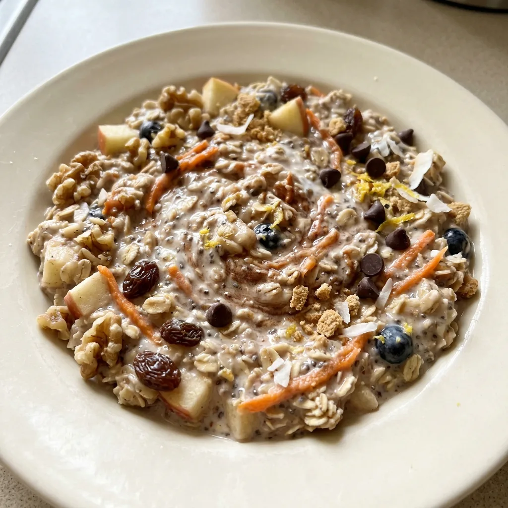 Looking down at a bowl of overnight oats topped with blueberries, sliced banana, and a drizzle of honey.