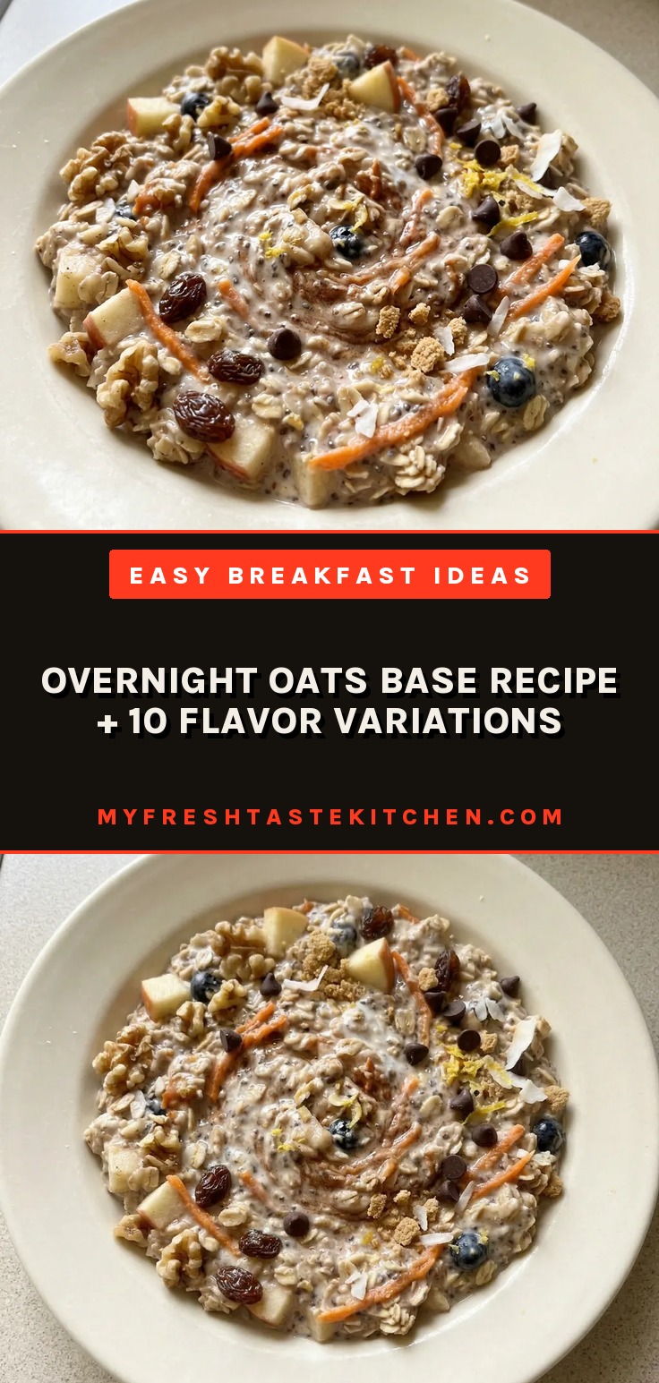 Overnight oats base recipe in a jar with rolled oats, Greek yogurt, and chia seeds visible through the glass.