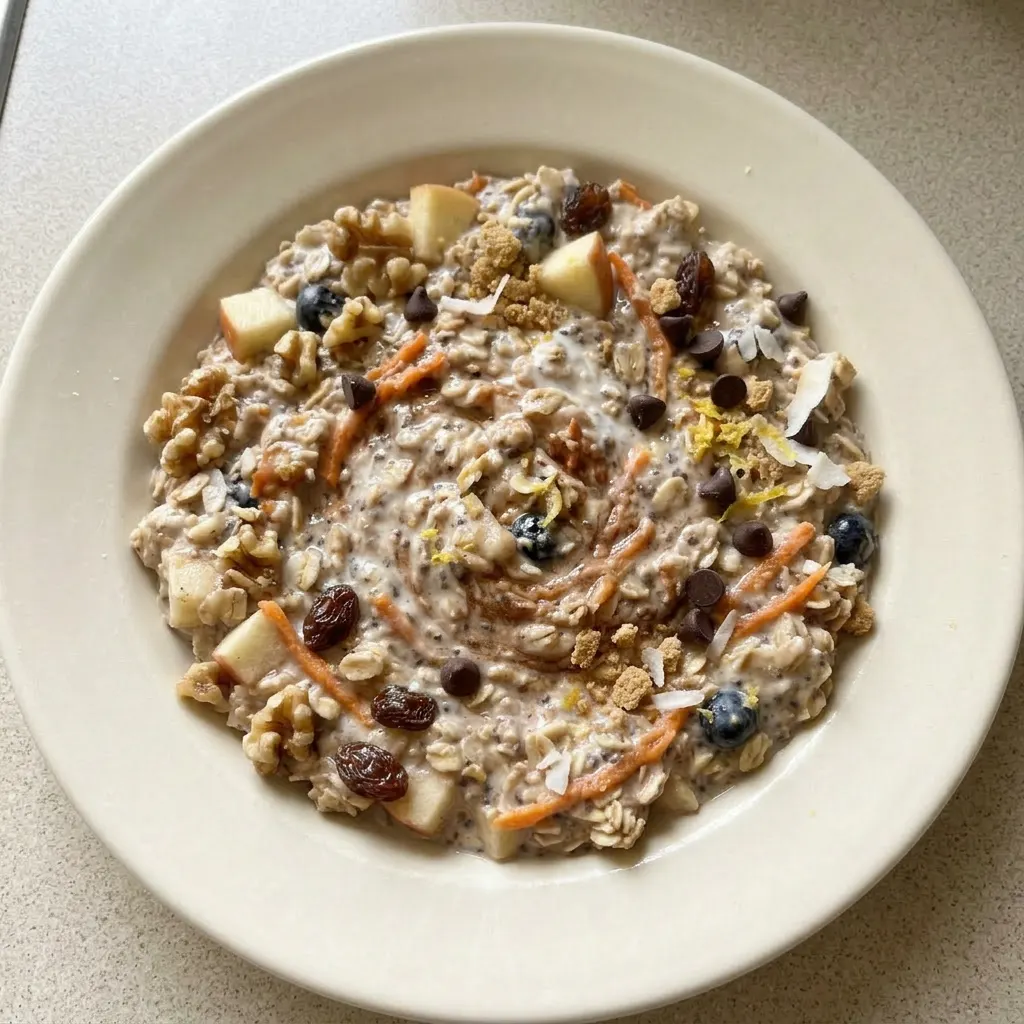 A plate of overnight oats with a swirl of honey, fresh strawberries, and a dusting of chia seeds.