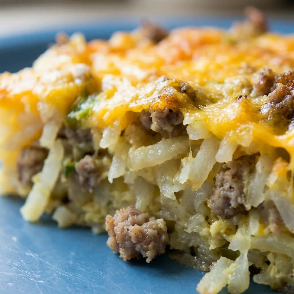 Zoomed in on a square of casserole with layers of hash browns, sausage, and melted cheese, with crispy edges.