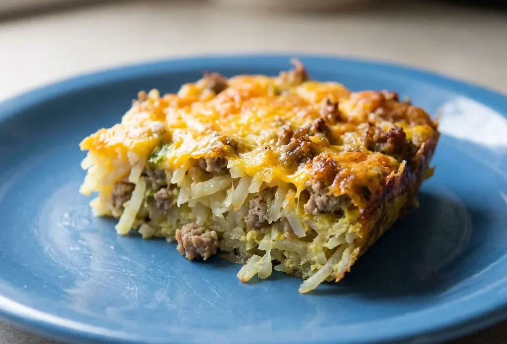 Bird's-eye view of a casserole topped with browned sausage, melted cheddar cheese, and golden hash browns.