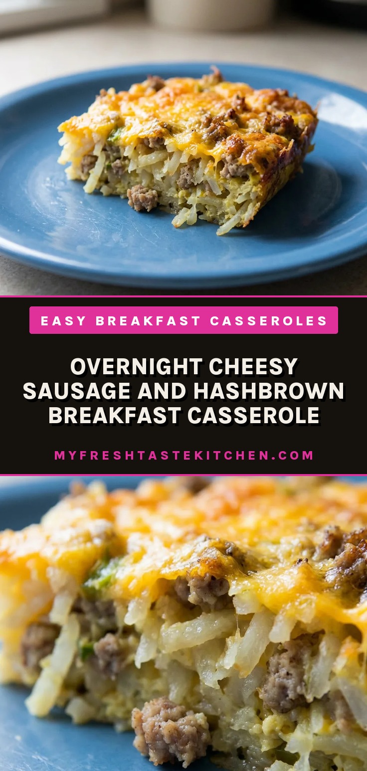 Overnight cheesy sausage and hashbrown breakfast casserole with browned hash browns, sausage, and melted cheddar cheese.