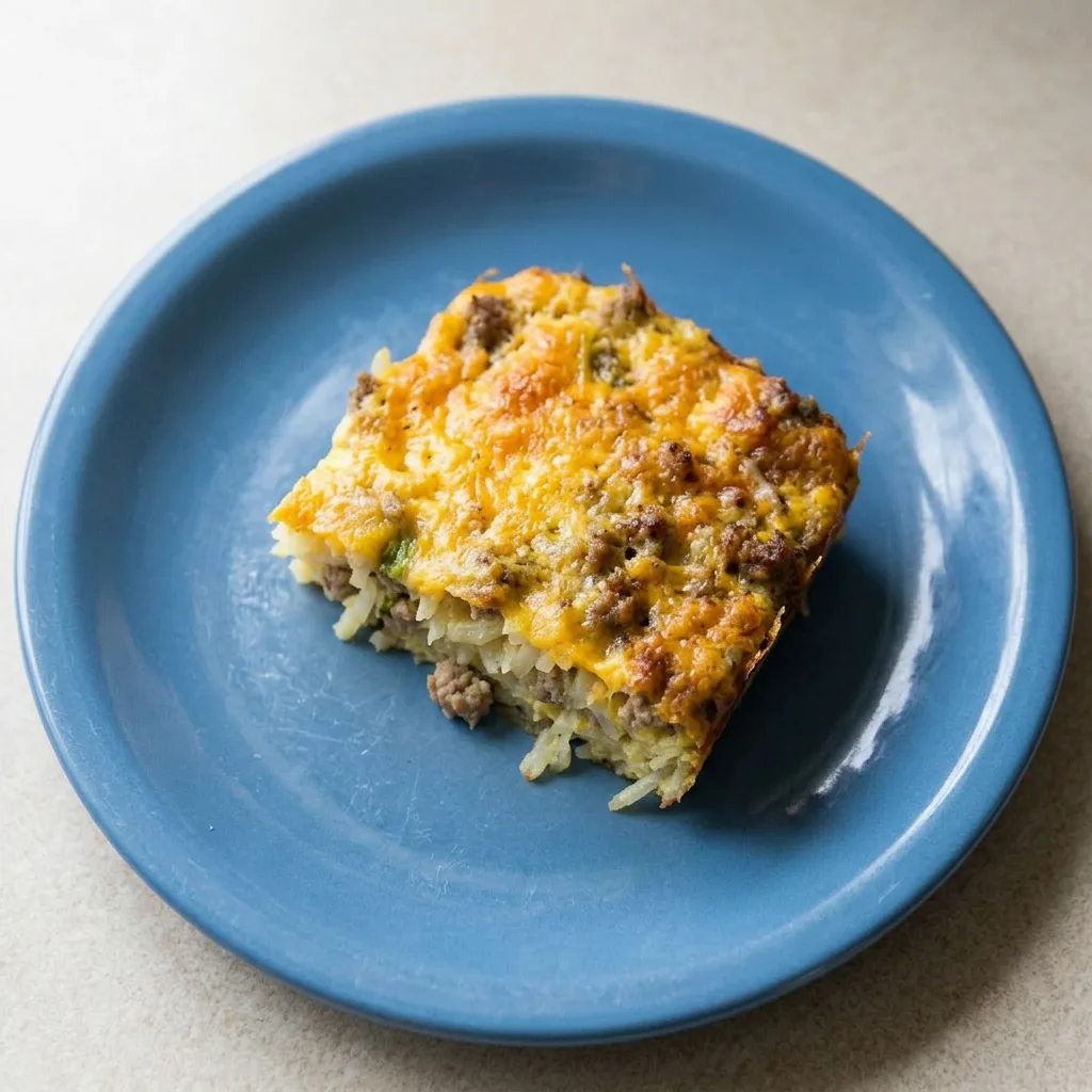 Ready to serve: a slice of casserole with visible sausage chunks, shredded hash browns, and melted cheddar.