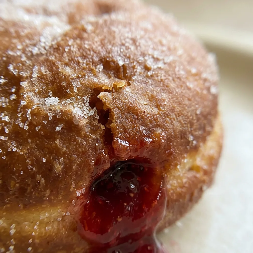 Zoomed in on a golden-brown pastry with a glossy raspberry jelly center and a dusting of white sugar.