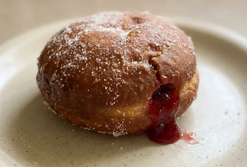 Bird's-eye view of three round pastries filled with raspberry jelly, topped with powdered sugar.