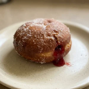 Bird's-eye view of three round pastries filled with raspberry jelly, topped with powdered sugar.