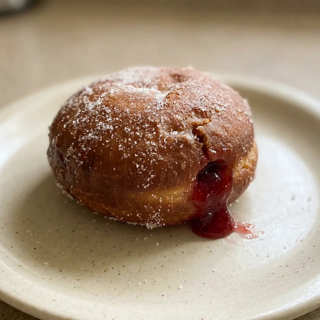 Bird's-eye view of three round pastries filled with raspberry jelly, topped with powdered sugar.
