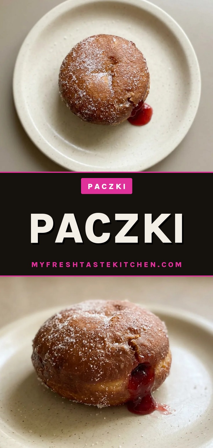 Paczki donuts filled with raspberry jelly, coated in sugar, on a surface.