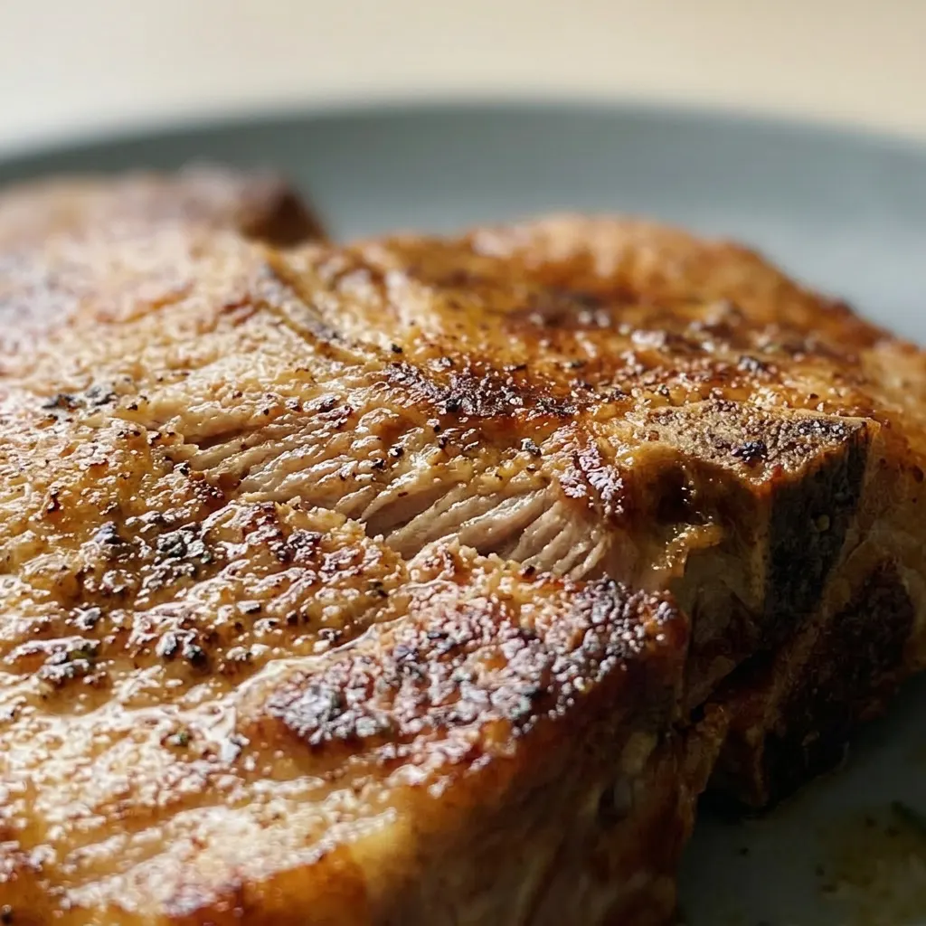 Macro detail of a pork chop crust with visible salt, pepper, garlic, and onion powder, plus a rosemary sprig.