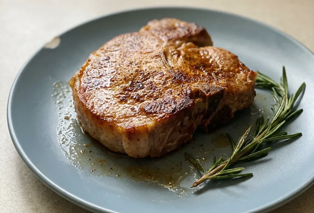 Top-down look at two pork chops seasoned with black pepper and smoked paprika, topped with rosemary and butter pats.