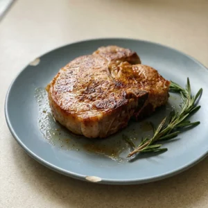 Top-down look at two pork chops seasoned with black pepper and smoked paprika, topped with rosemary and butter pats.