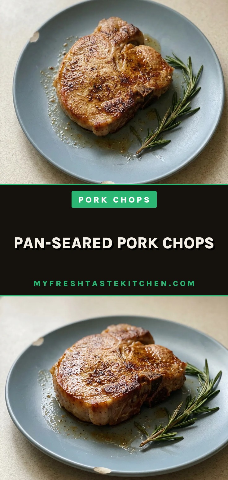 Top-down look at two pork chops seasoned with black pepper and smoked paprika, topped with rosemary and butter pats.