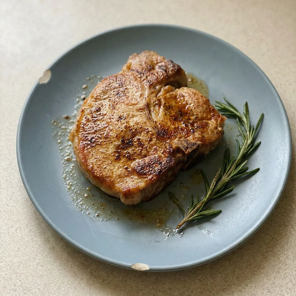 A serving of pan-seared pork chops with smoked paprika and garlic powder, garnished with fresh rosemary.