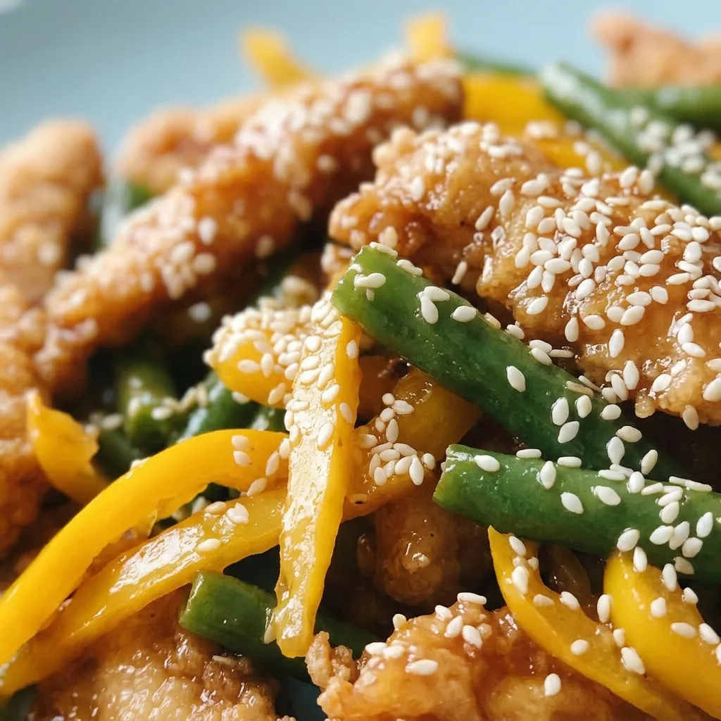 Macro detail of a chicken bite with honey glaze, sesame seeds, and a green bean segment beside it.