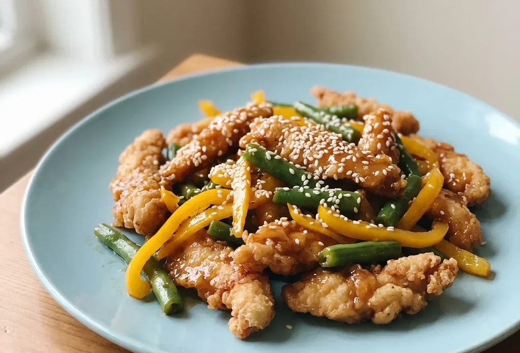 Top-down look at chicken pieces coated in glossy honey sauce, scattered sesame seeds, green beans, and bell pepper strips.