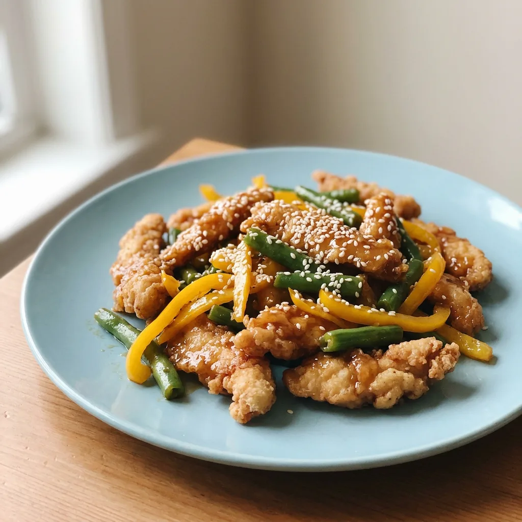 Top-down look at chicken pieces coated in glossy honey sauce, scattered sesame seeds, green beans, and bell pepper strips.