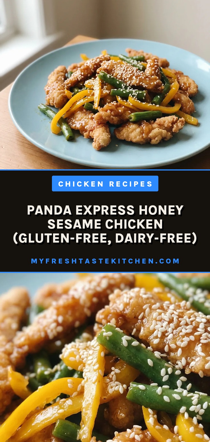 Top-down look at chicken pieces coated in glossy honey sauce, scattered sesame seeds, green beans, and bell pepper strips.