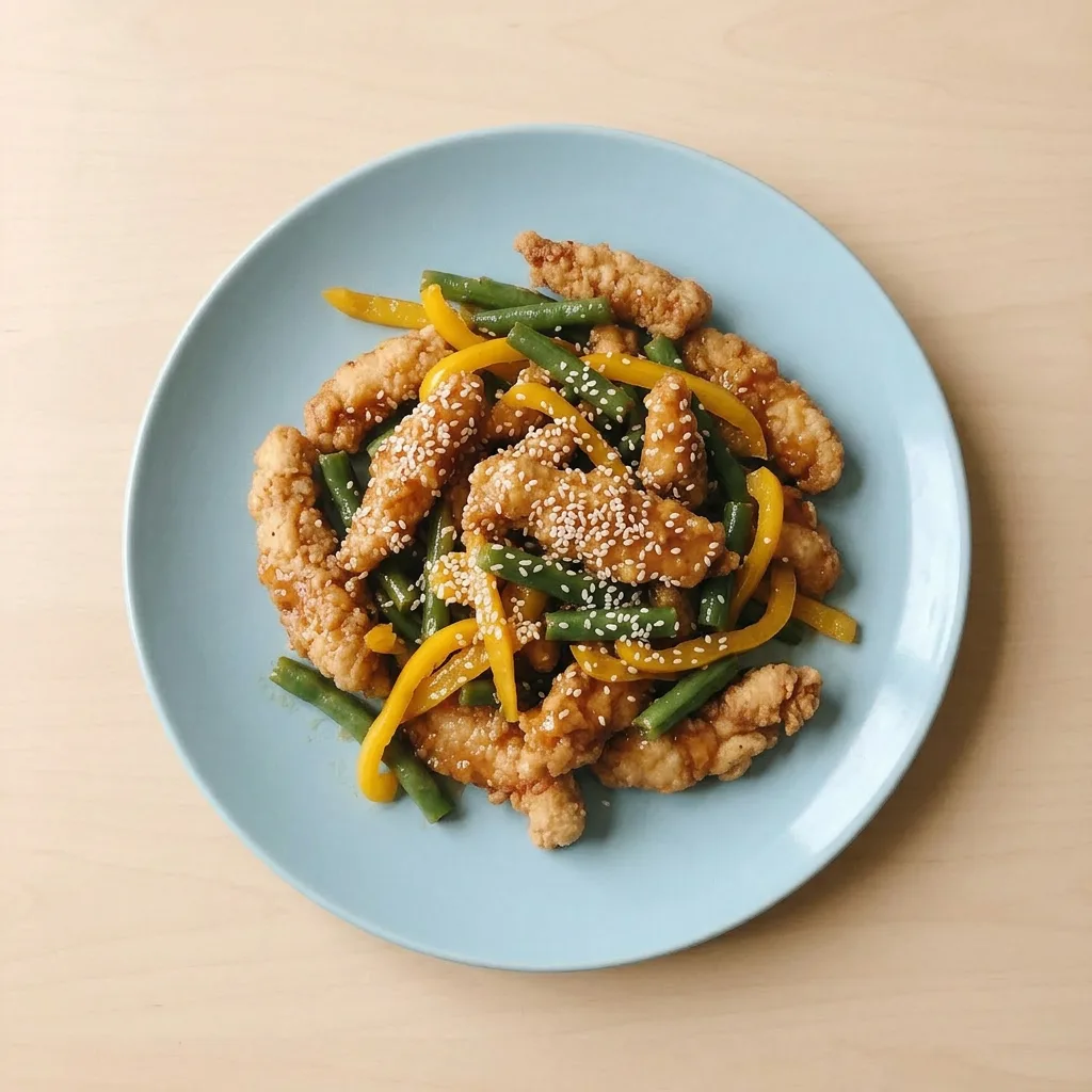 A serving of honey sesame chicken with green beans and bell pepper, topped with sesame seeds.