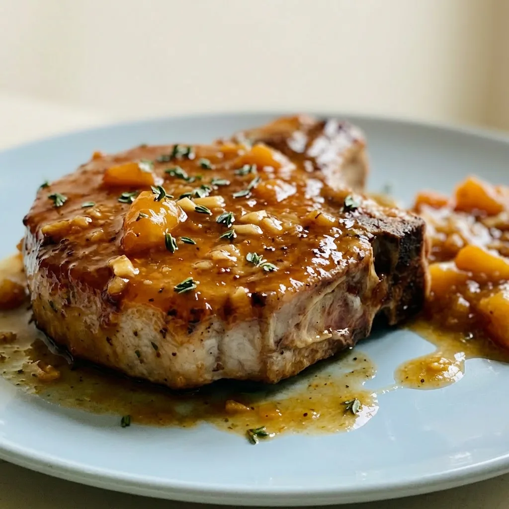 Macro detail of a pork chop with glossy bourbon BBQ glaze, charred edges, and a slice of caramelized peach with garlic bits.