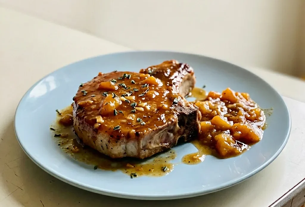 Top-down look at two pork chops glazed in dark brown sauce, each topped with a grilled peach half and sprinkled with smoked paprika.