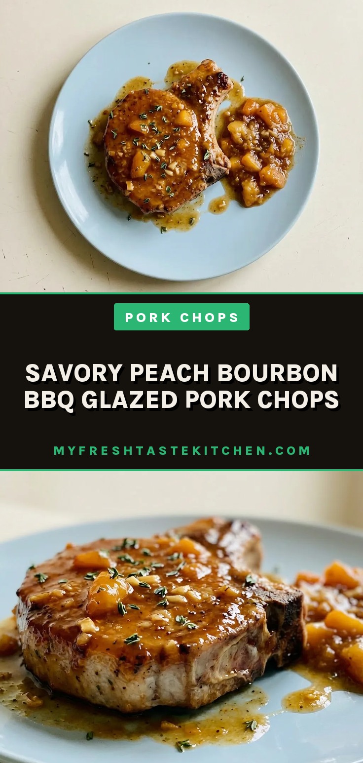 Top-down look at two pork chops glazed in dark brown sauce, each topped with a grilled peach half and sprinkled with smoked paprika.