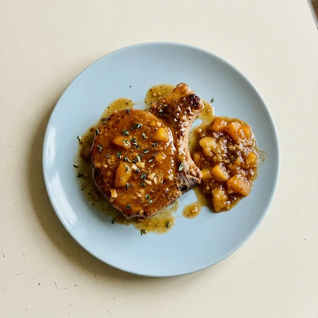A serving of pork chop with a bourbon and brown sugar glaze, garnished with a grilled peach wedge and a light dusting of smoked paprika.