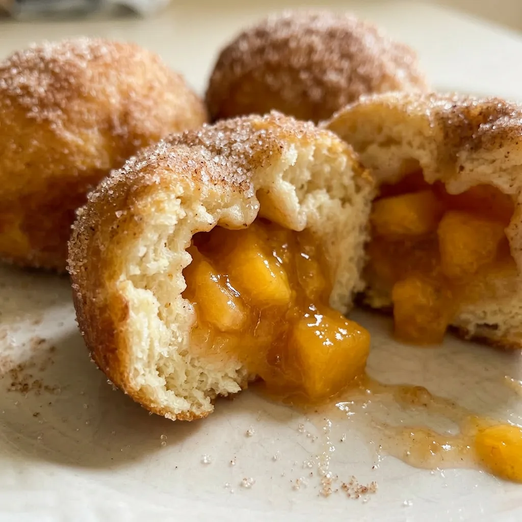Zoomed in on a warm doughnut hole with visible peach filling and a light coating of cinnamon sugar.