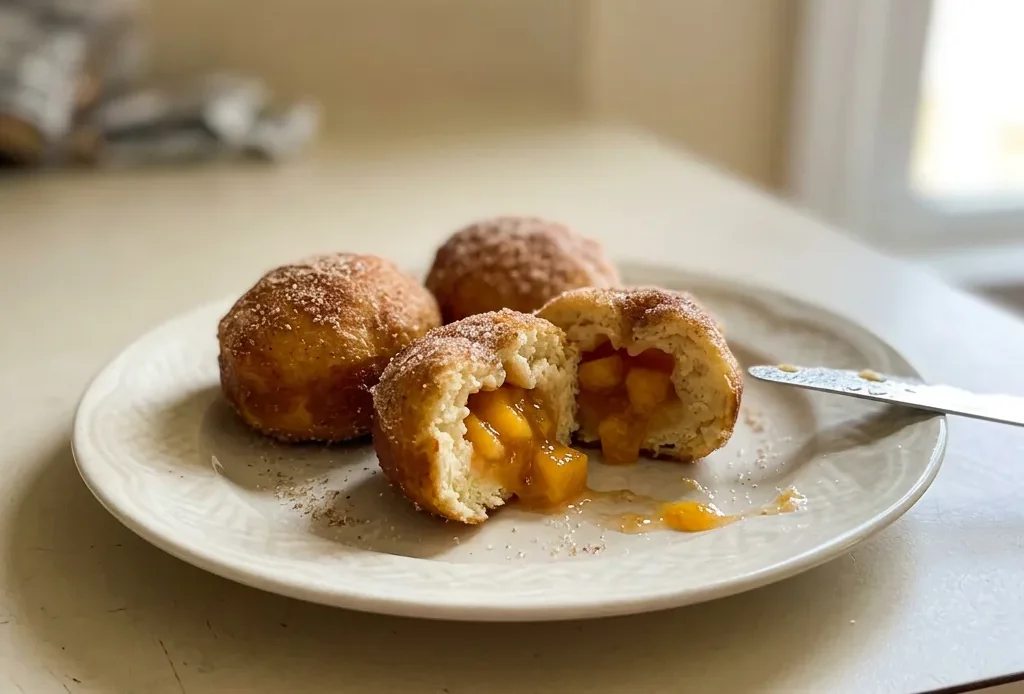 Bird's-eye view of golden doughnut holes filled with peach pieces, dusted with cinnamon sugar.