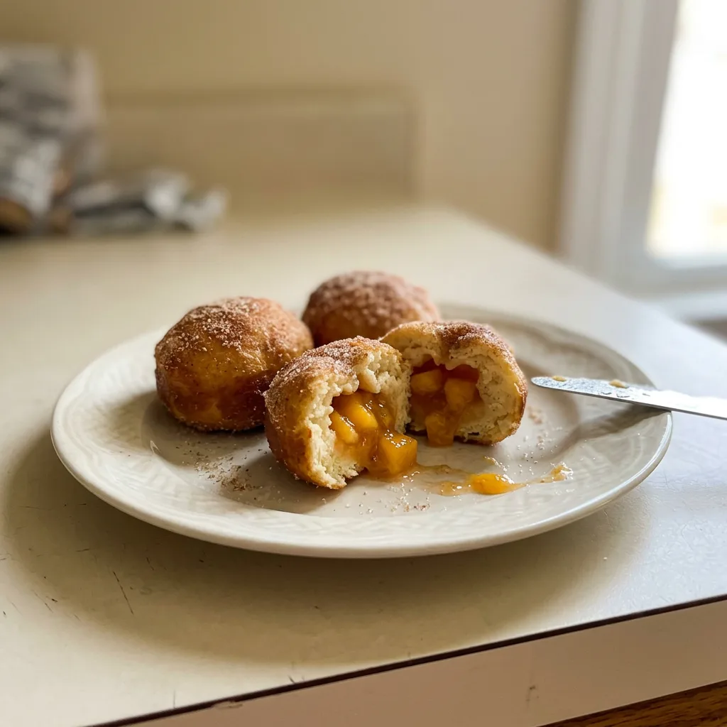 Bird's-eye view of golden doughnut holes filled with peach pieces, dusted with cinnamon sugar.