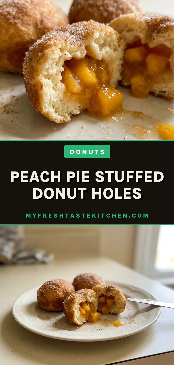Peach pie stuffed donut holes dusted with cinnamon sugar, showing golden brown fried dough and peach filling.