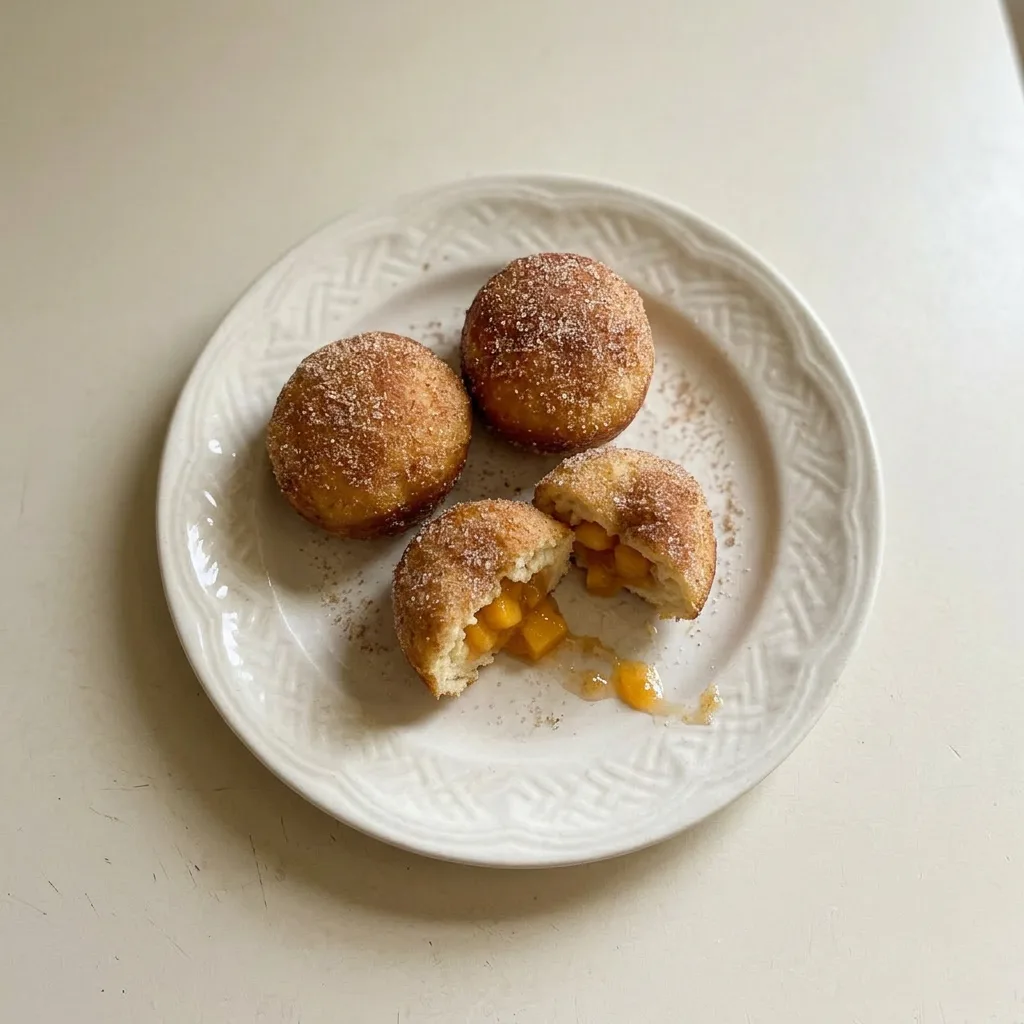 Ready to serve: a pile of small round pastries with peach chunks and cinnamon sugar on top.