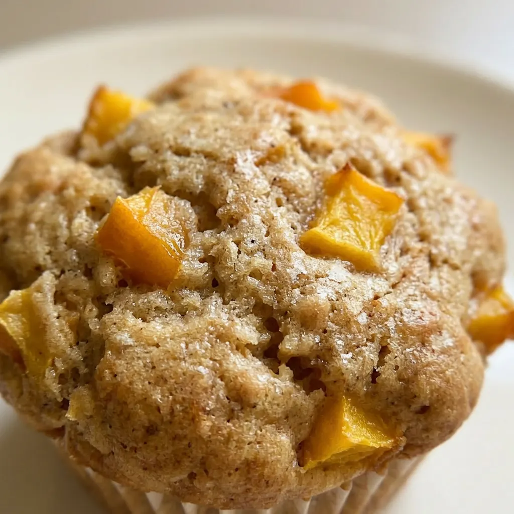Macro detail of a muffin's crumb showing butter, milk, and vanilla integration with peach pieces and cinnamon.
