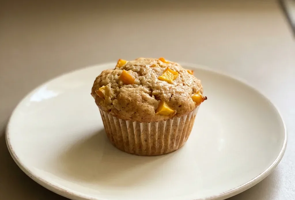 Top-down look at a peach muffin with visible peach chunks and cinnamon specks on a golden brown dome.