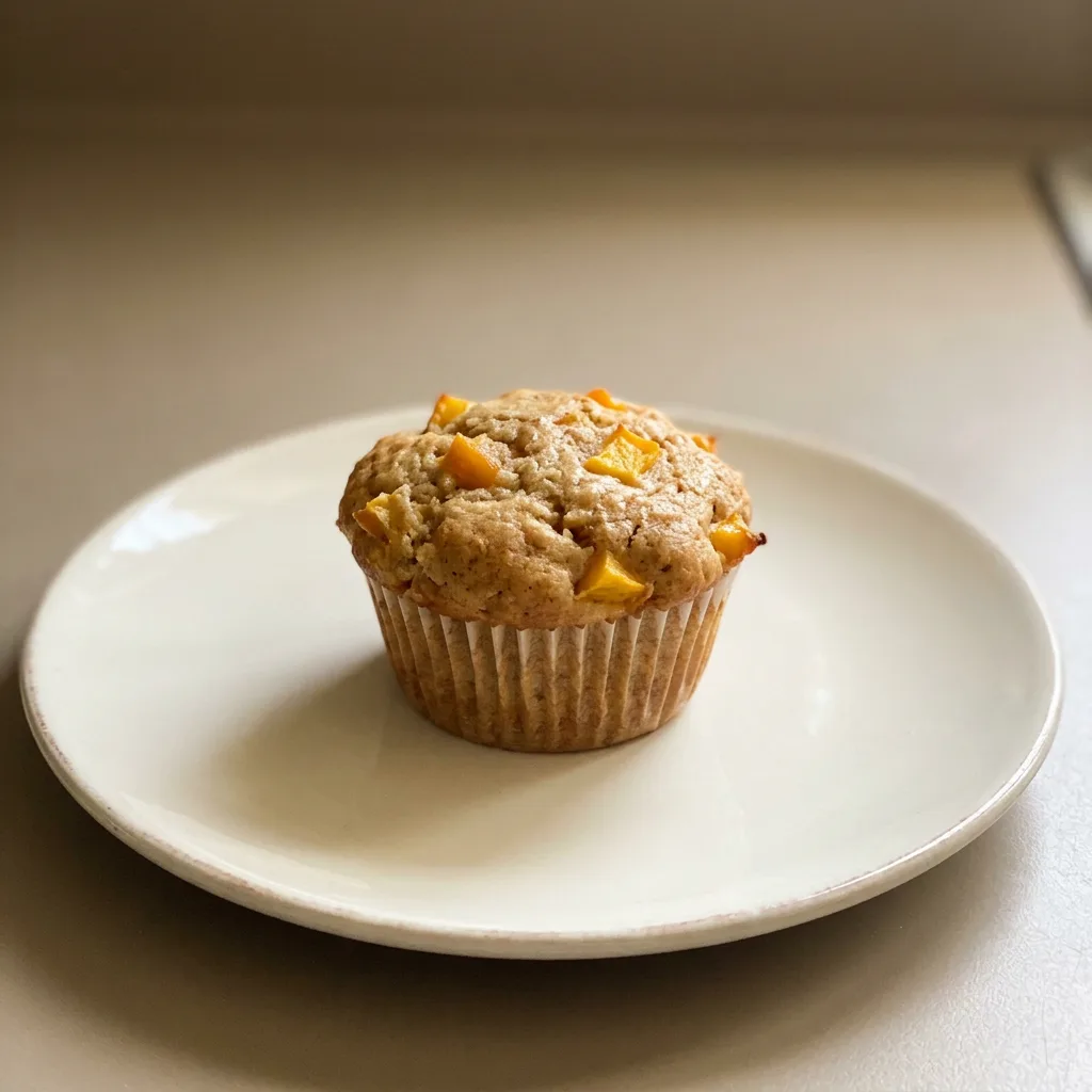 Top-down look at a peach muffin with visible peach chunks and cinnamon specks on a golden brown dome.