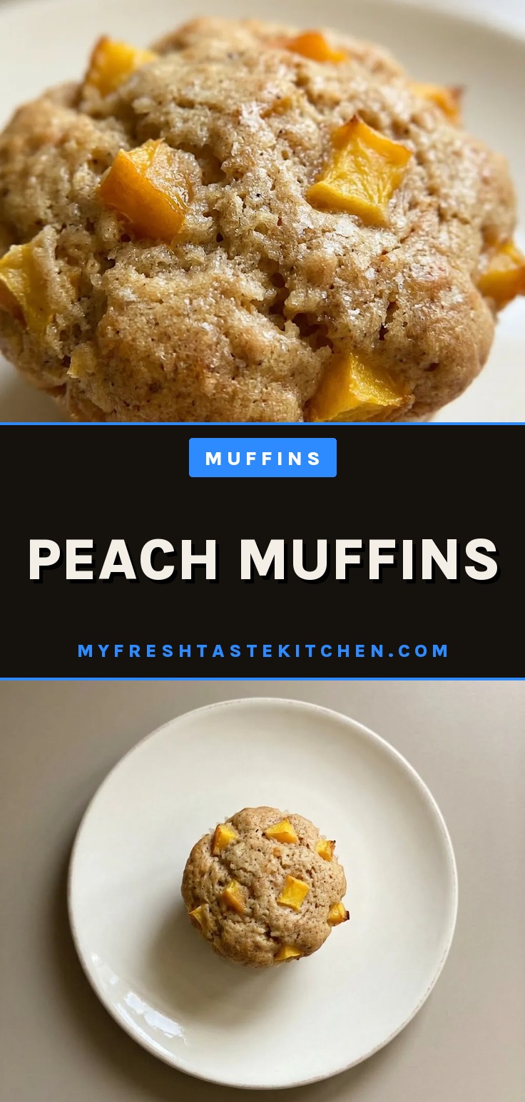 Top-down look at a peach muffin with visible peach chunks and cinnamon specks on a golden brown dome.