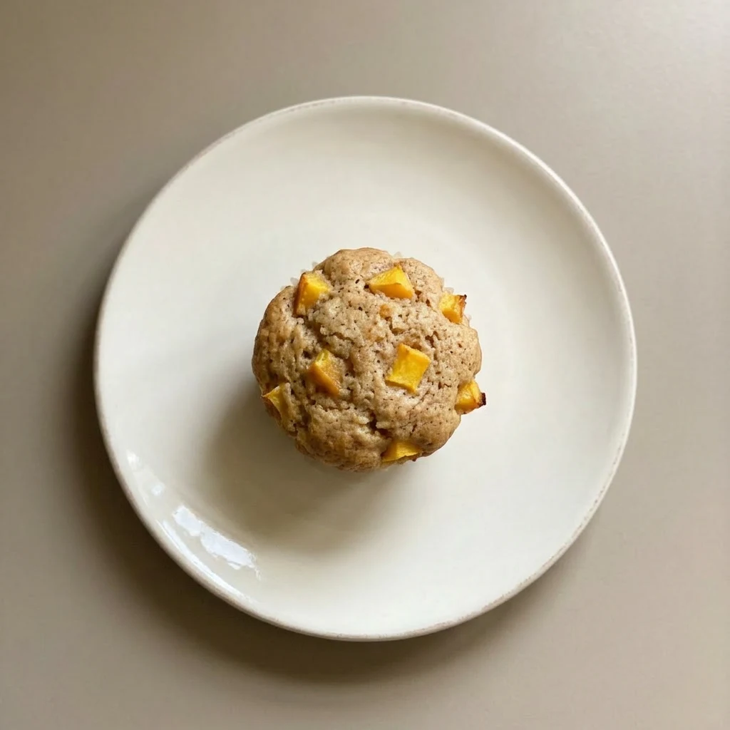 A serving of a single peach muffin with a cracked top revealing cinnamon-flecked interior and peach bits.