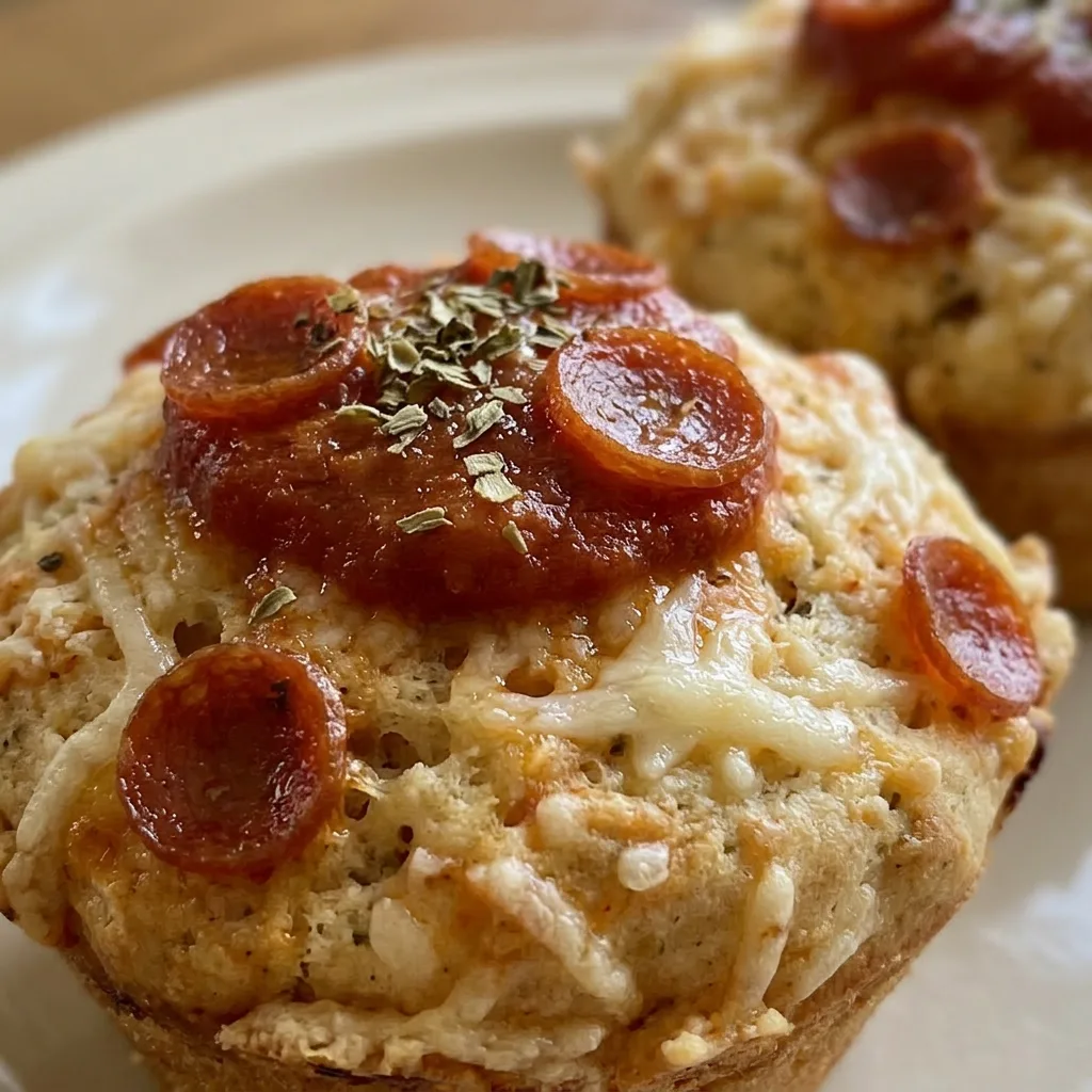 Up close, a golden-brown pizza muffin with bubbling mozzarella, a pepperoni slice, and a dab of marinara sauce.