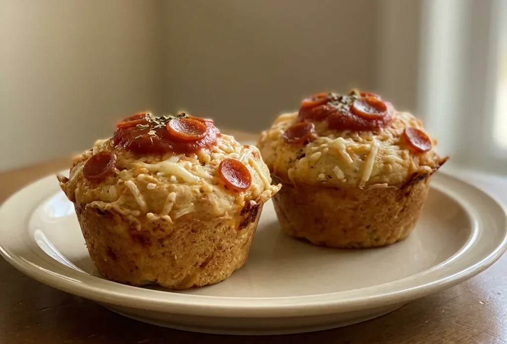 Looking down at three round pizza muffins topped with pepperoni and melted mozzarella, with marinara sauce visible.