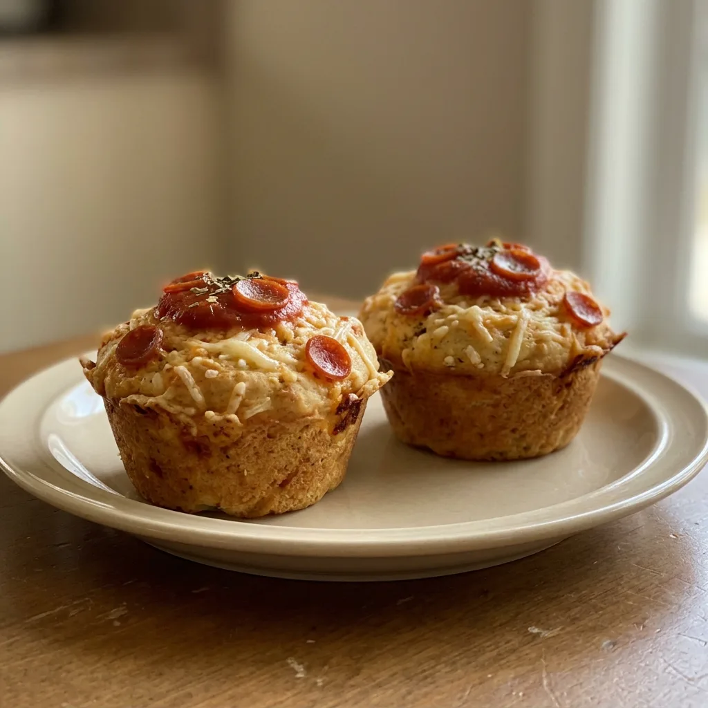 Looking down at three round pizza muffins topped with pepperoni and melted mozzarella, with marinara sauce visible.