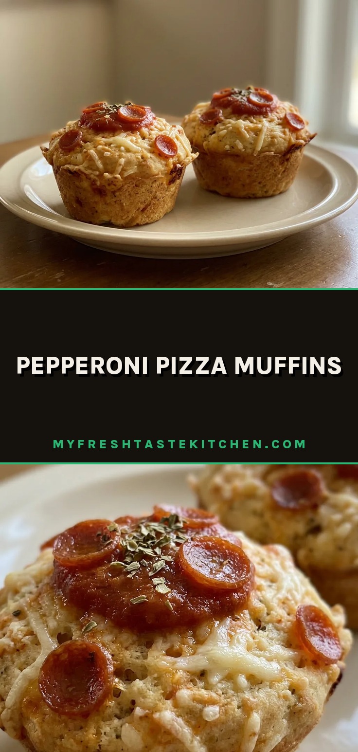Looking down at three round pizza muffins topped with pepperoni and melted mozzarella, with marinara sauce visible.
