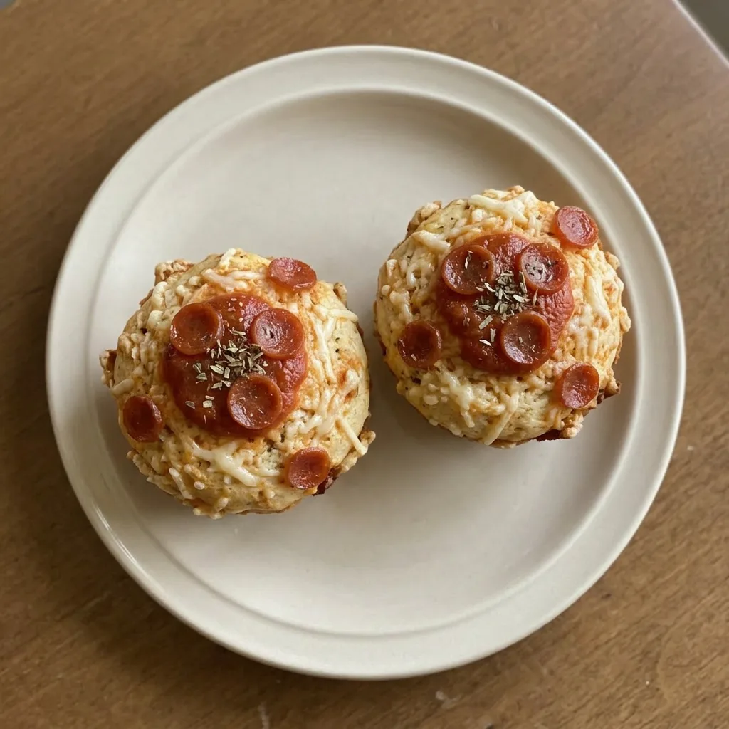 A plate of four pepperoni pizza muffins, each with mozzarella and pepperoni, served with marinara dipping sauce.