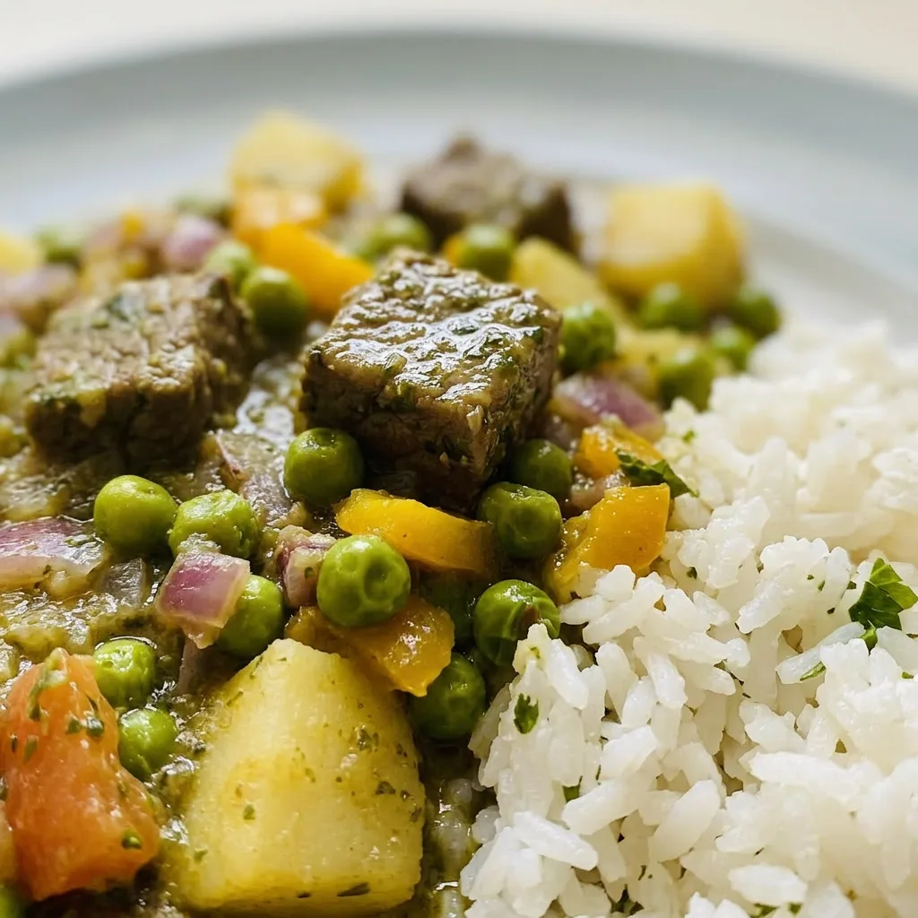 Close view of beef in cilantro-cumin sauce with aji amarillo, potatoes, and peas visible.