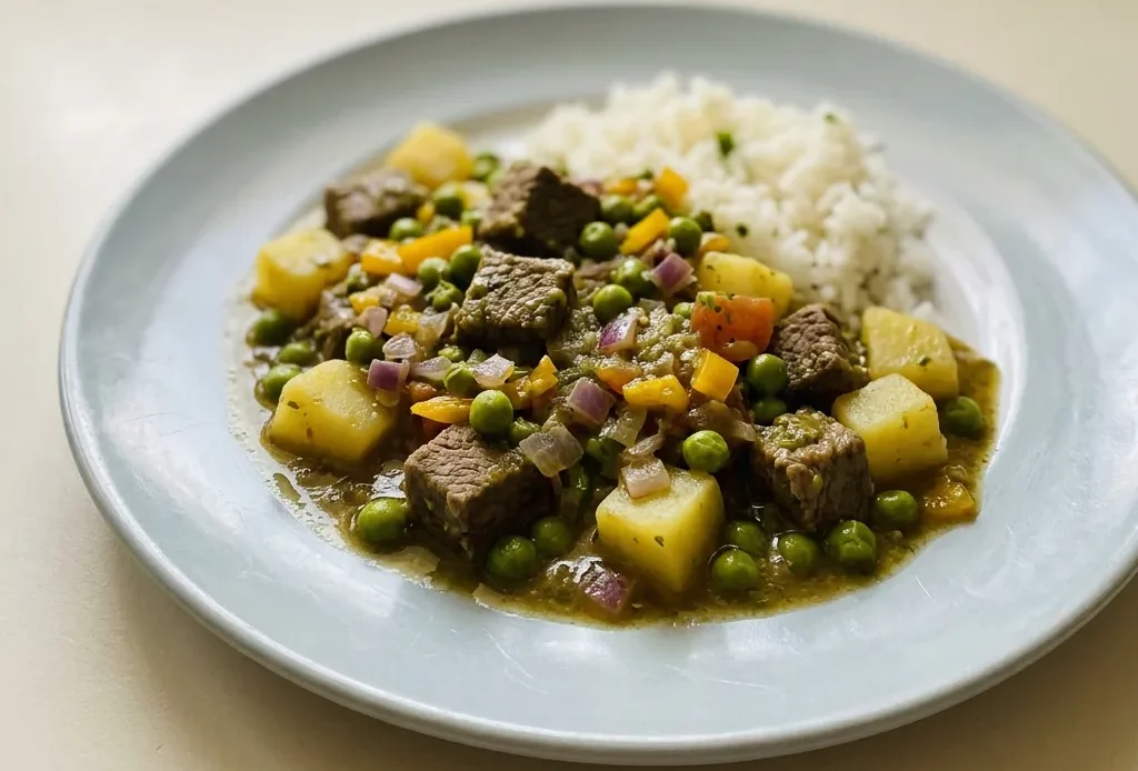 Overhead shot of beef stew with cilantro, cumin, and aji amarillo, surrounded by potato chunks and green peas.