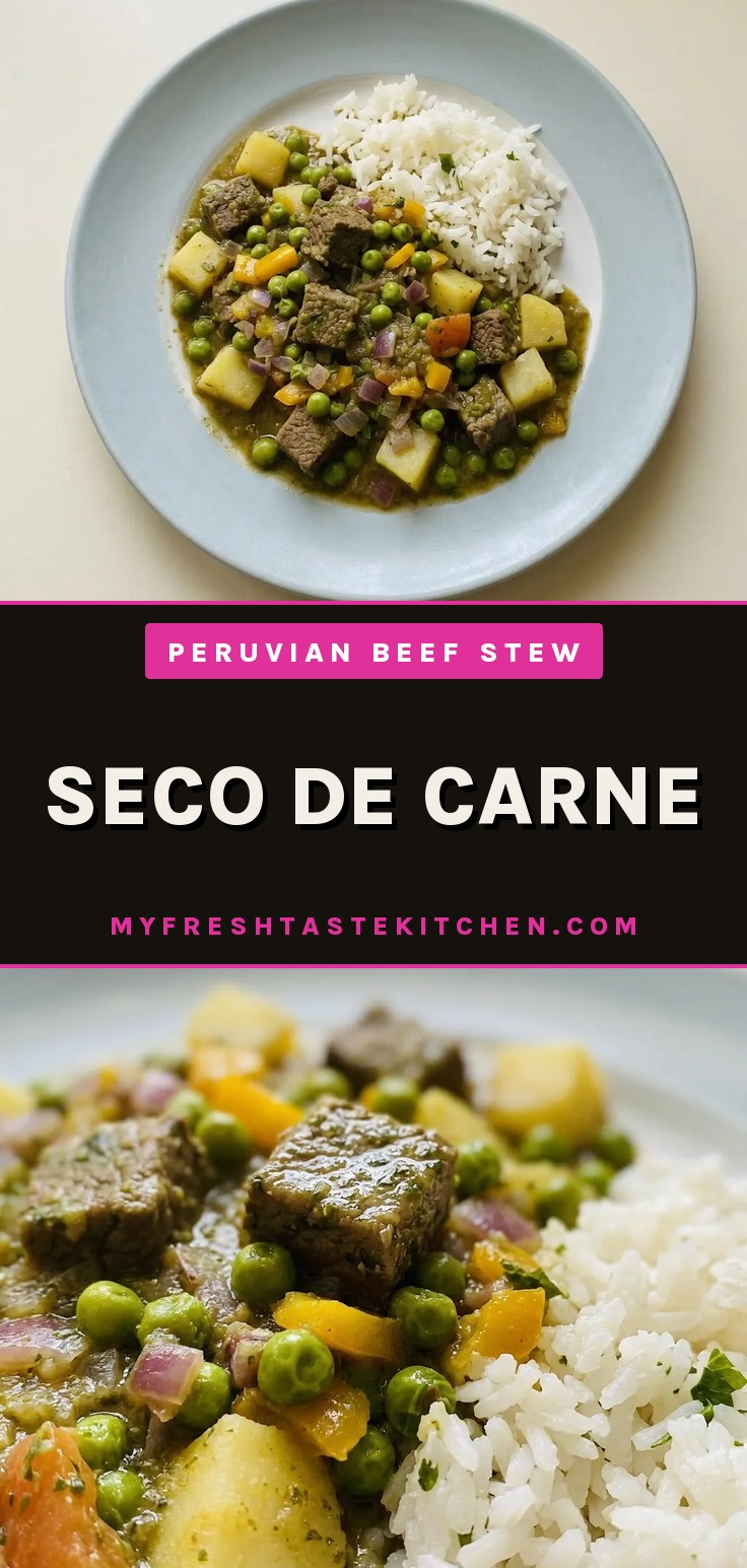 Seco de Carne, a hearty Peruvian stew with beef, cilantro, aji amarillo, potatoes, and peas.